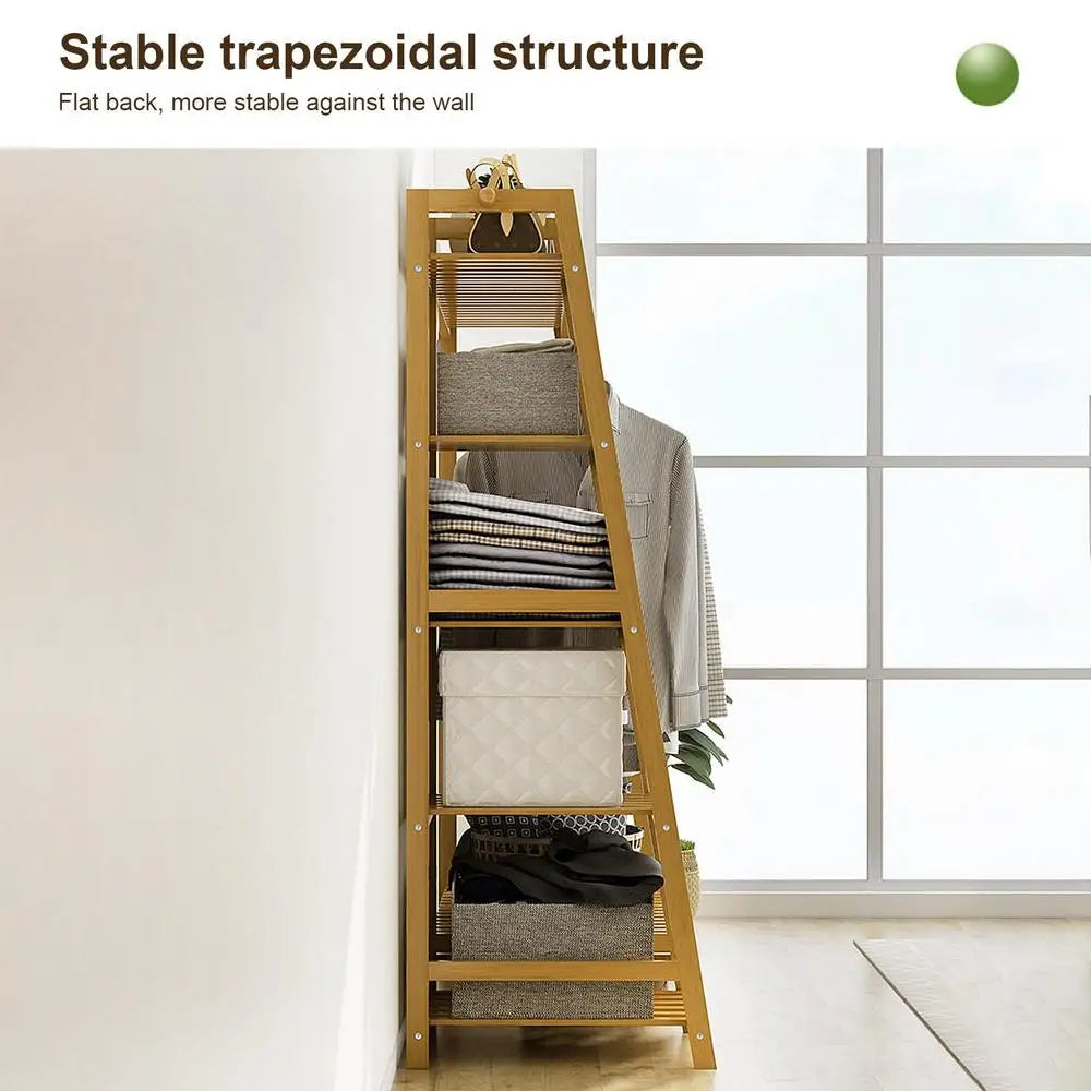 Wooden Garment Coat Clothes Hanging Heavy Duty Rack with top shelf and 2-tier Shoe Clothing Storage Organizer Shelves