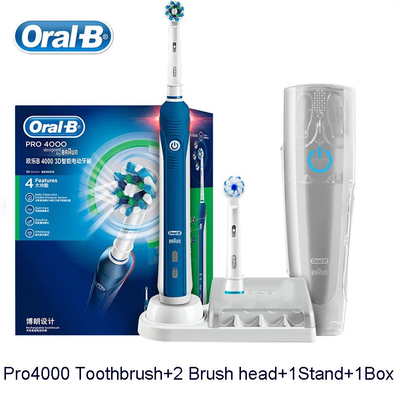 Cepillo de dientes eléctrico Oral B Pro4000 3D Action Clean, 4 modos, sensor de presión visible, dientes más blancos, recargable para adultos.