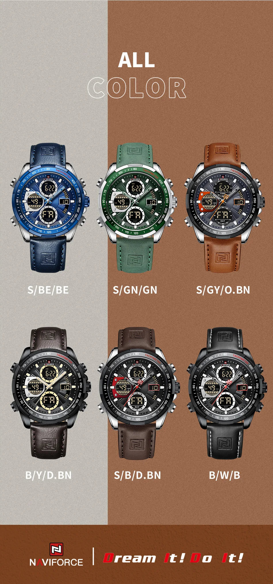 NAVIFORCE 2021 - Reloj deportivo para hombre, resistente al agua, con pantalla dual, luminoso, de cuarzo y cuero genuino, masculino