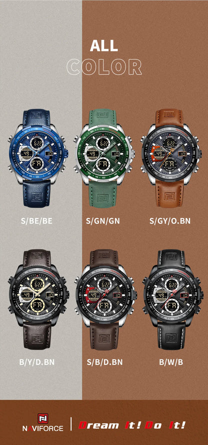 NAVIFORCE 2021 - Reloj deportivo para hombre, resistente al agua, con pantalla dual, luminoso, de cuarzo y cuero genuino, masculino