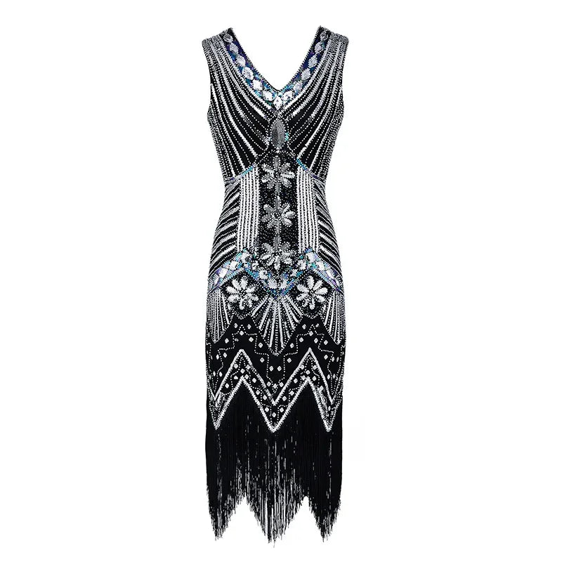 Mandylandy Women Vintage Dress Retro 1920s Great Gatsby Dress Sequin Flapper Sleeveless Dancing Party Prom Tassel Hem Dress