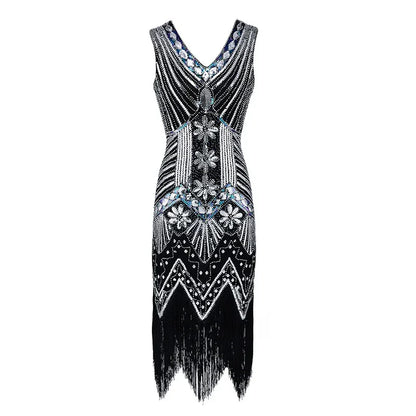 Mandylandy Women Vintage Dress Retro 1920s Great Gatsby Dress Sequin Flapper Sleeveless Dancing Party Prom Tassel Hem Dress