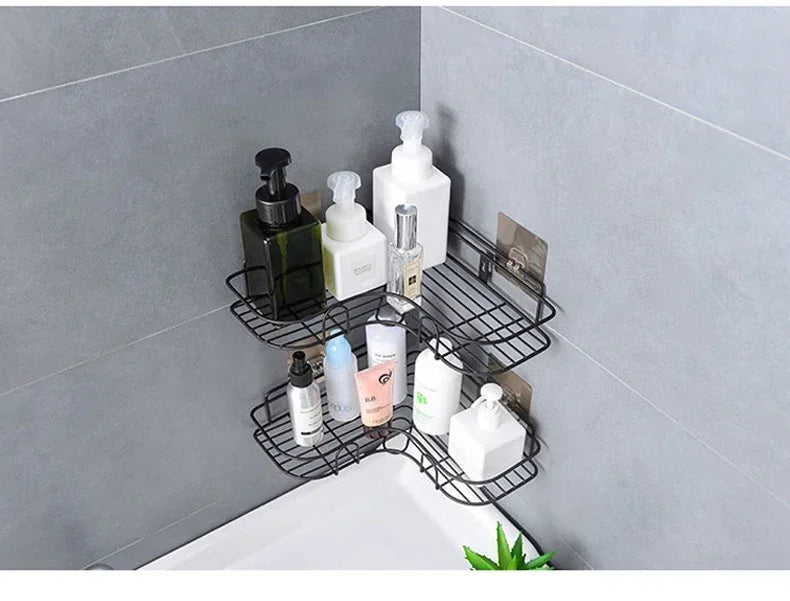 Estante organizador de baño de esquina, estantes de almacenamiento de esquina montados en la pared, soporte para champú, estante para cosméticos, cesta de drenaje de ducha de hierro