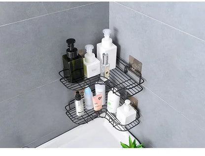 Estante organizador de baño de esquina, estantes de almacenamiento de esquina montados en la pared, soporte para champú, estante para cosméticos, cesta de drenaje de ducha de hierro