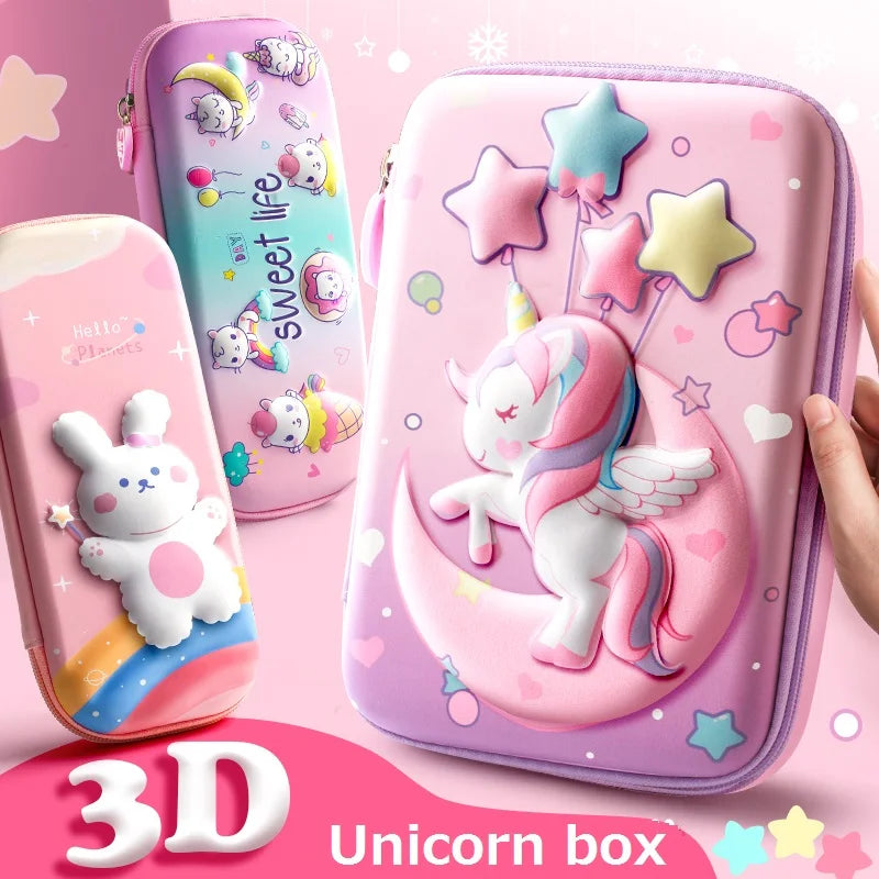 3D Pencil Case EVA Stationery Box School Supplies Pink Unicorn Pen Bag Ruler Storage Eraser Holder Pouch Rabbit Organizer INS A