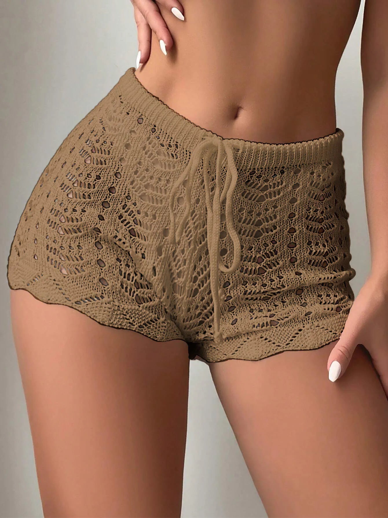 Shorts de mujer bloqueados bikini de punto con cintura abierta y cordón hueco de poliéster 100,00%