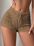 Polyester100.00% Hollow Drawstring Open Waist Knitted Bikini Blocked Women's Shorts