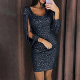 Women Sequin Dress Glitter Sparkle Sexy Deep V Neck Short Dress Above Knee Length Long Tassel Sleeve
