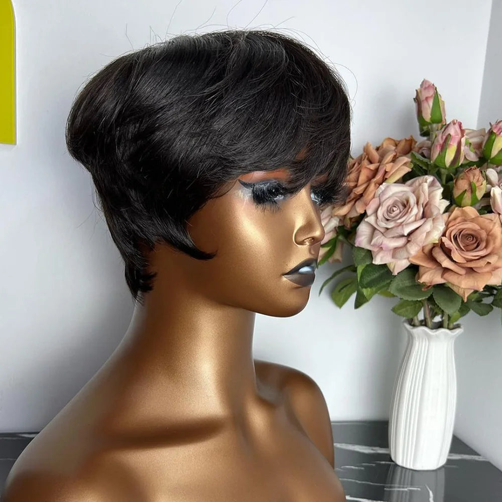 Short Pixie Cut Human Hair Wig for Black Women, Machine-Made Wigs with Bangs, Short Human Hair Wigs