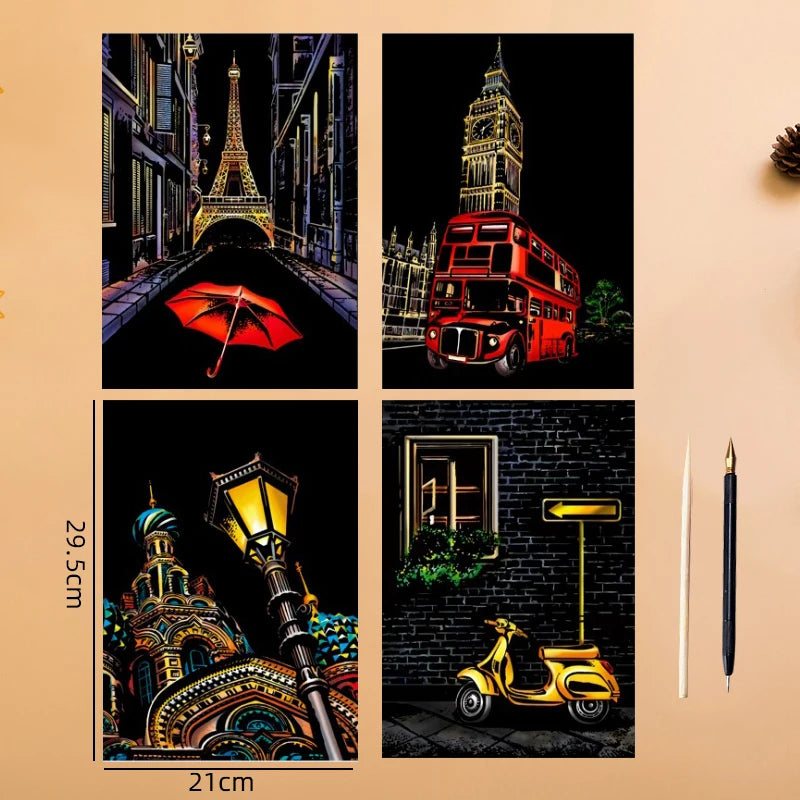 2 Sheets Scratch Paper Art Kit DIY Craft World Landmarks Animals City Scene Stylus Drawing Toy Adult Stress Relief Creative Gift