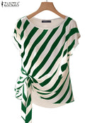 ZANZEA 2025, Tops estampados a rayas coreanas, blusa de manga corta a la moda, vacaciones de verano, túnica holgada con cinturón, Tops simples informales
