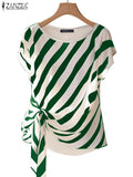 ZANZEA 2025, Tops estampados a rayas coreanas, blusa de manga corta a la moda, vacaciones de verano, túnica holgada con cinturón, Tops simples informales