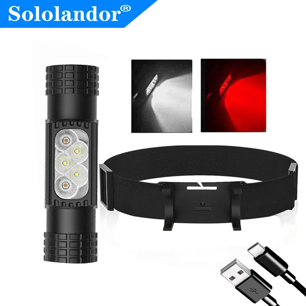 Led mini farol de alta potência branco vermelho memória farol 18650 recarregável usb tipo-c tocha acampamento caça lanterna lâmpada