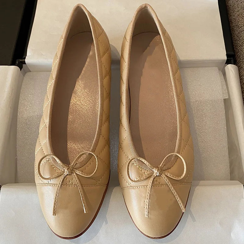 Women's Ballet Flat Shoes 2026 Spring New Round Toe French Elegance High-quality Leather Shoes Bow Comfortable Casual Shoes