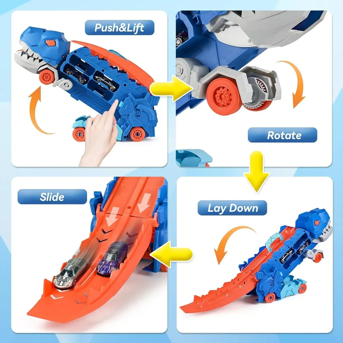 Transport Dinosaur Truck with Foldable Sliding Race Track Transforms into Standing T-rex Best Birthday Gifts Toys Boys Girls