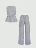 Women's Sets Two 2pcs Sale Summer V Neck Sleeveless Lace Up Vests&High Elastic Waist Striped Wide Leg Pant Suits OUYW-25014