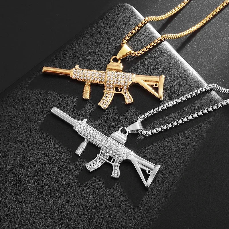 Collar con colgante de circón con incrustaciones de rifle de asalto punk M416 para hombre, estilo hip hop rock, joyería moderna, regalo para niño 