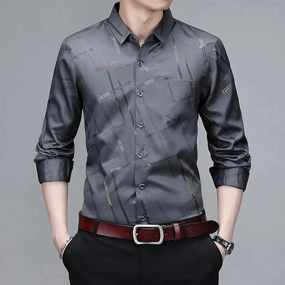 Camisa de manga larga estampada para hombre, informal y moderna, resistente a las arrugas y sin planchado.