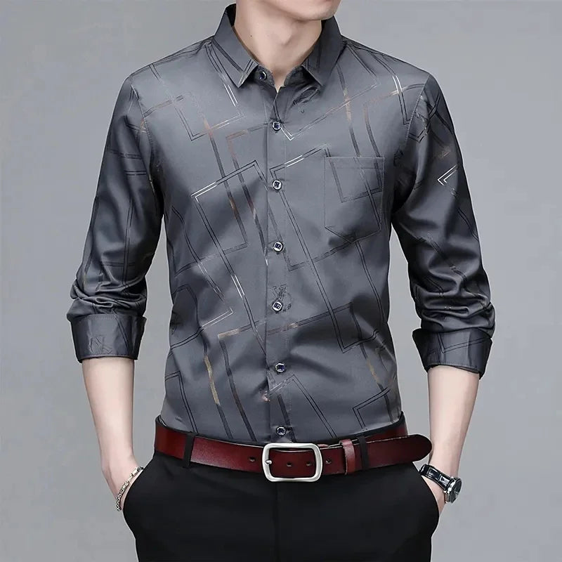 Camisa de manga larga estampada para hombre, informal y moderna, resistente a las arrugas y sin planchado.