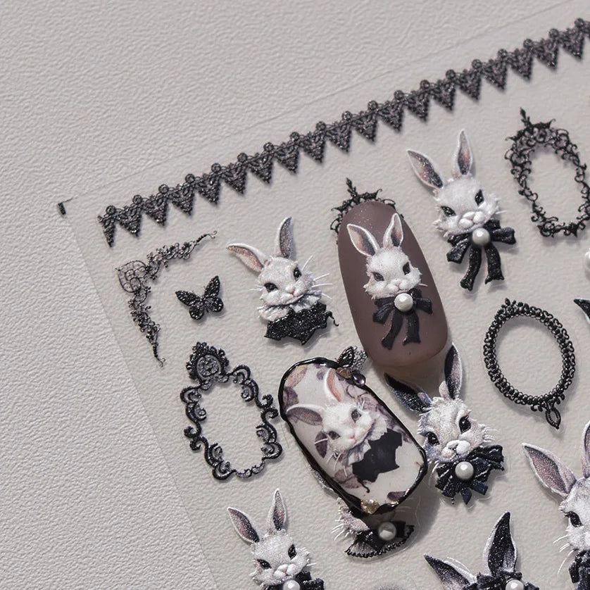 Japanese Punk Style Black Rabbit & Dark Butterfly Nail Stickers 5D Pearl Nail Art Decal Design Manicure Tool High Quality