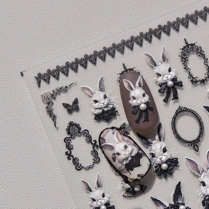 Japanese Punk Style Black Rabbit & Dark Butterfly Nail Stickers 5D Pearl Nail Art Decal Design Manicure Tool High Quality