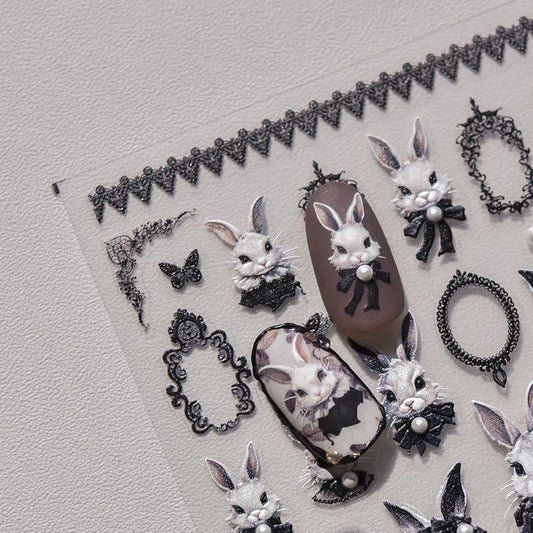 Pegatinas para uñas estilo punk japonés, diseño de conejo negro y mariposa oscura, 5D, perla, herramienta de manicura de alta calidad