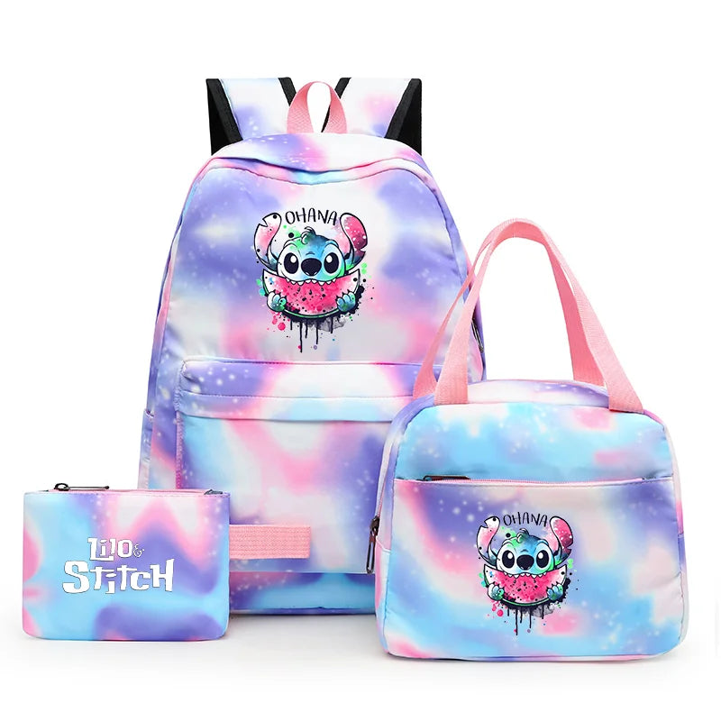 3pcs Disney Lilo Stitch Colorful Backpack with Lunch Bag for Women Student Teenagers Rucksack Casual School Bags Sets