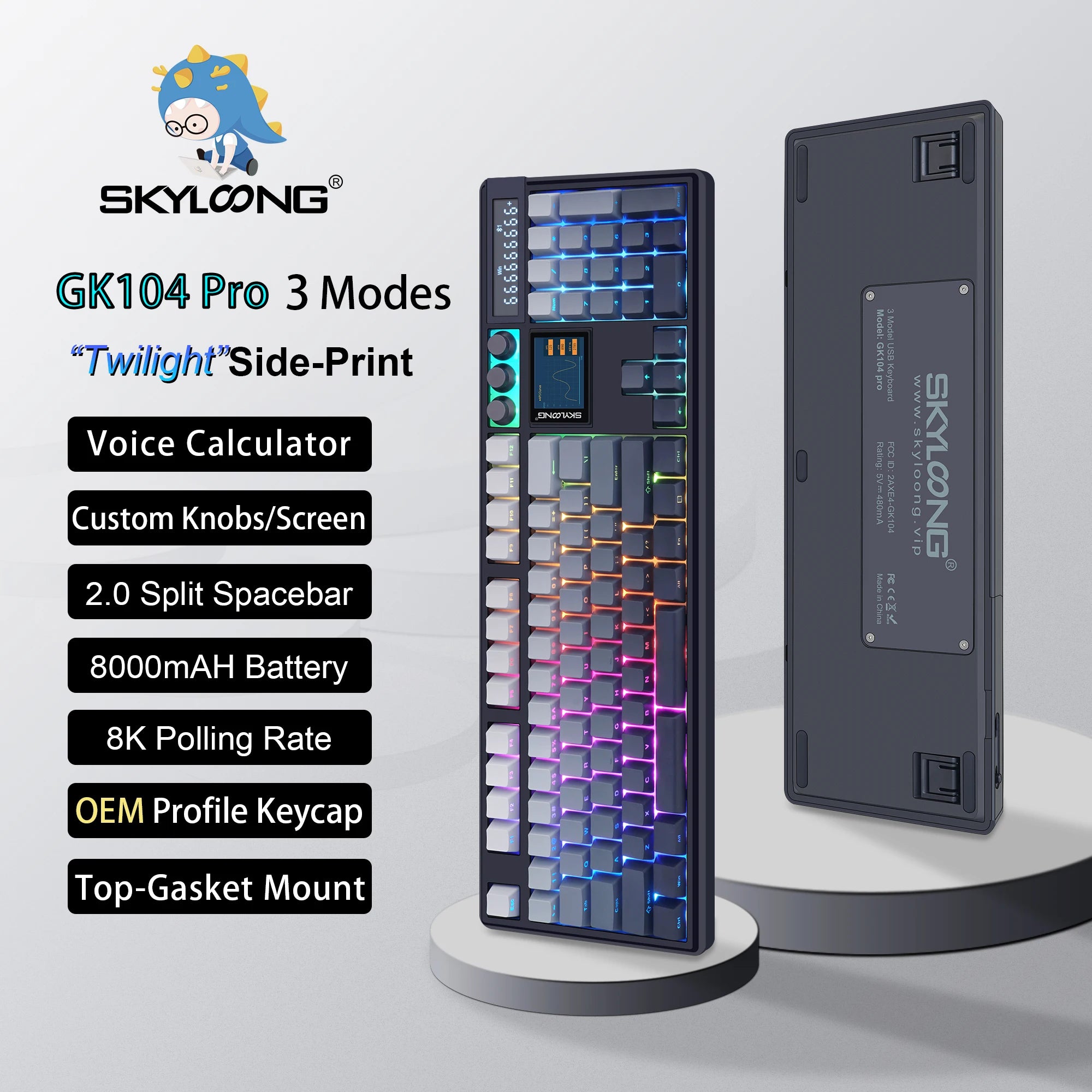 Teclado mecánico inalámbrico SKYLOONG GK104 Pro de tamaño completo con 3 modos, pantalla 2.0, 3 perillas, interruptor silencioso intercambiable en caliente, teclas PBT