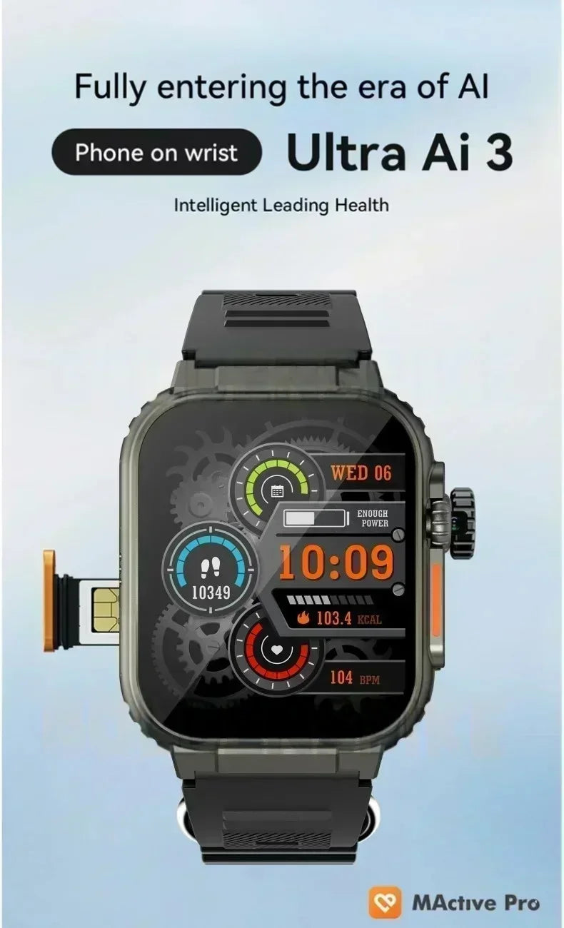 New Ultra Ai 3 Android Smartwatch 4G full network sim Card GPS WIFI 180°Hd Camera APP Download health monitoring Smart Watch Men