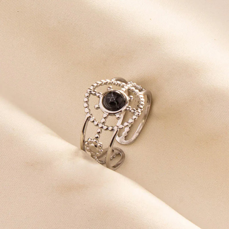 1pc Boho Turquoise Ring Stainless Steel Black Stone Silver Color Adjustable Ring Women Ethnic Ring Bohemian Jewelry Gift No Fade
