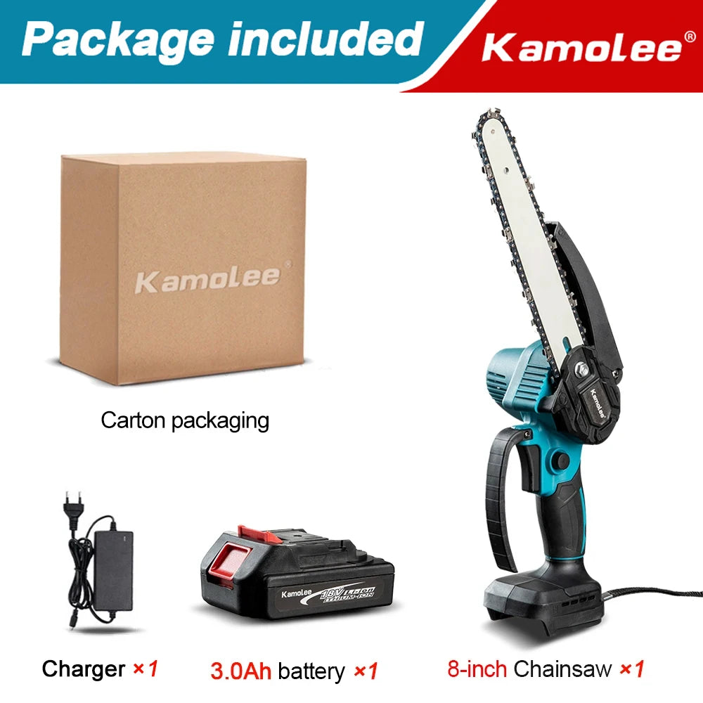 Kamolee serra elétrica sem escova, 8 espaços, mini motosserra, cortador de madeira, ferramenta elétrica de poda de jardim para makita, bateria de 18v
