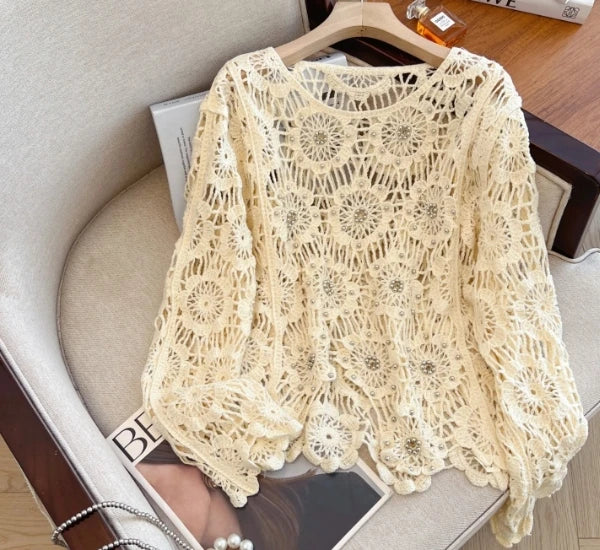 Casual Long Sleeve Elegant cardigan Beading O-neck Chic Vintage Hook Flower Hollow Out Top Plus Size Clothing