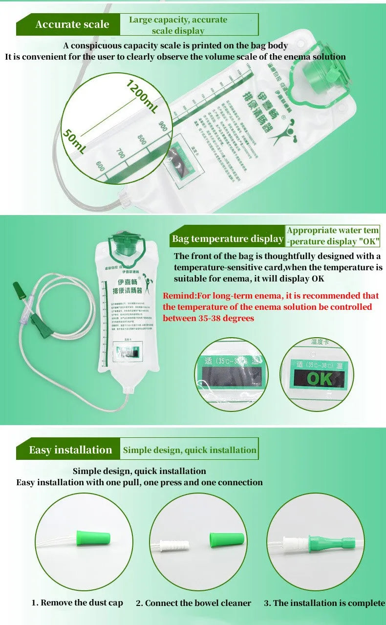 1200ml Household Enema Colonic Irrigation Douche Kit Reusable Cleaning Detox Bag With 10 Cleaning Heads