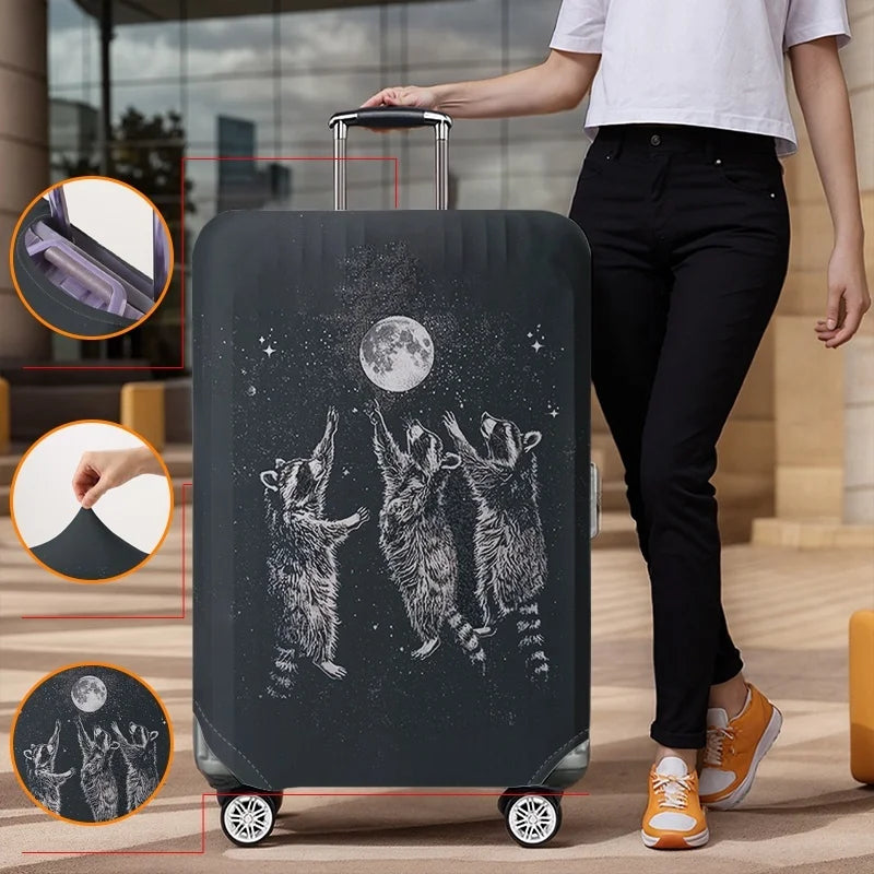 Raccoon Moon Playful Black Bottom Pattern Luggage Protective Cover, suitable for 18-32 inch luggage covers, luggage handle glove