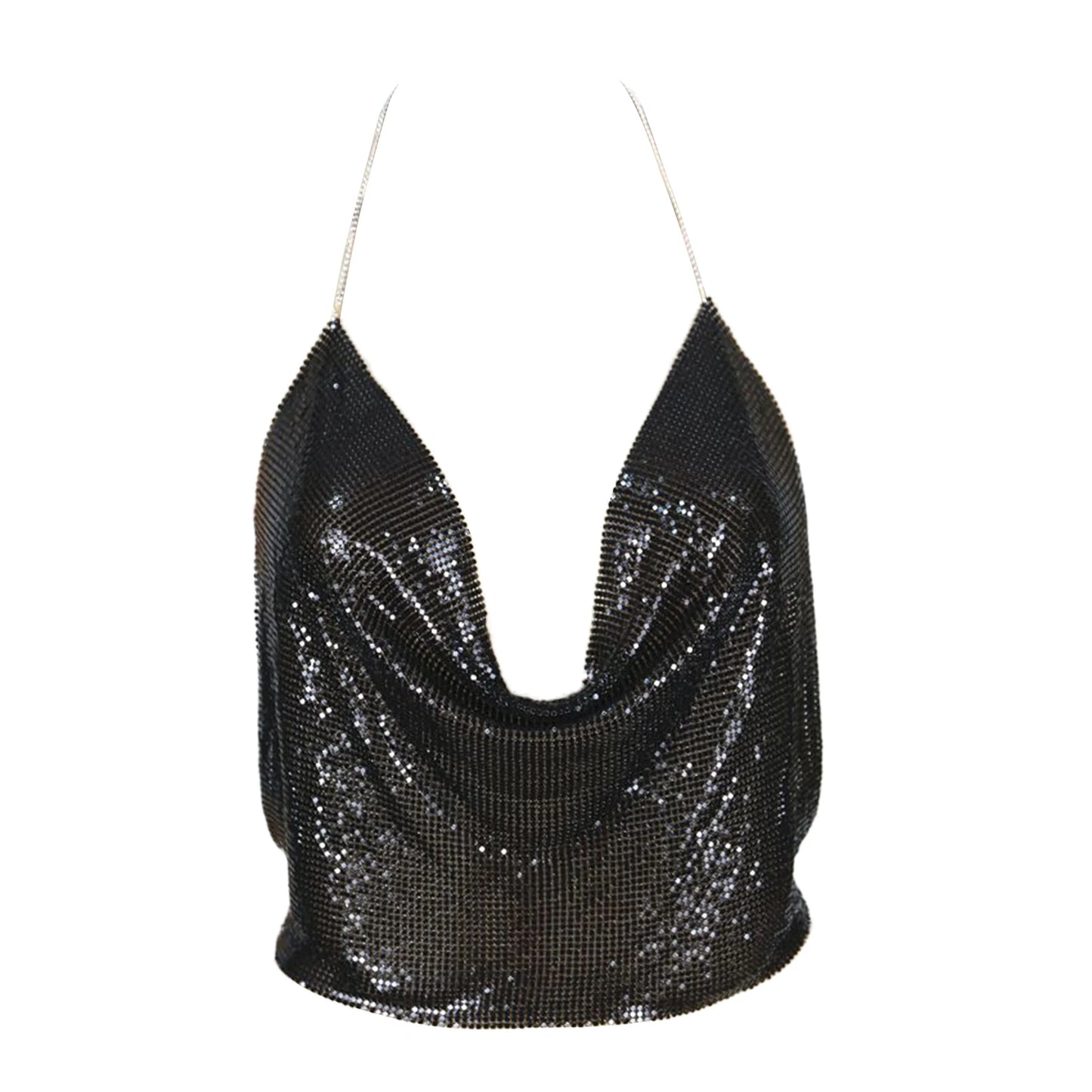 Camisola ClubWear para mujer, ropa de calle Y2k, top corto con lentejuelas metálicas, espalda descubierta, cinturón acolchado, top halter ajustable