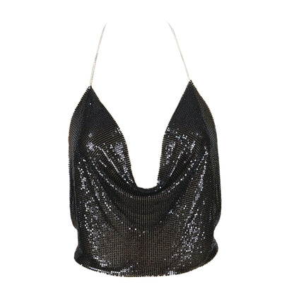 Camisola ClubWear para mujer, ropa de calle Y2k, top corto con lentejuelas metálicas, espalda descubierta, cinturón acolchado, top halter ajustable