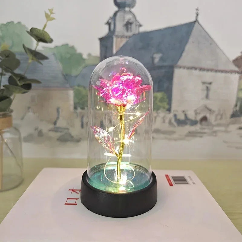 Rosa Artificial – Presente de Dia dos Namorados para Namorada, Rosa Eterna com Luz LED e Detalhes em Folha Metálica, Decoração de Casamento e Presente de Natal