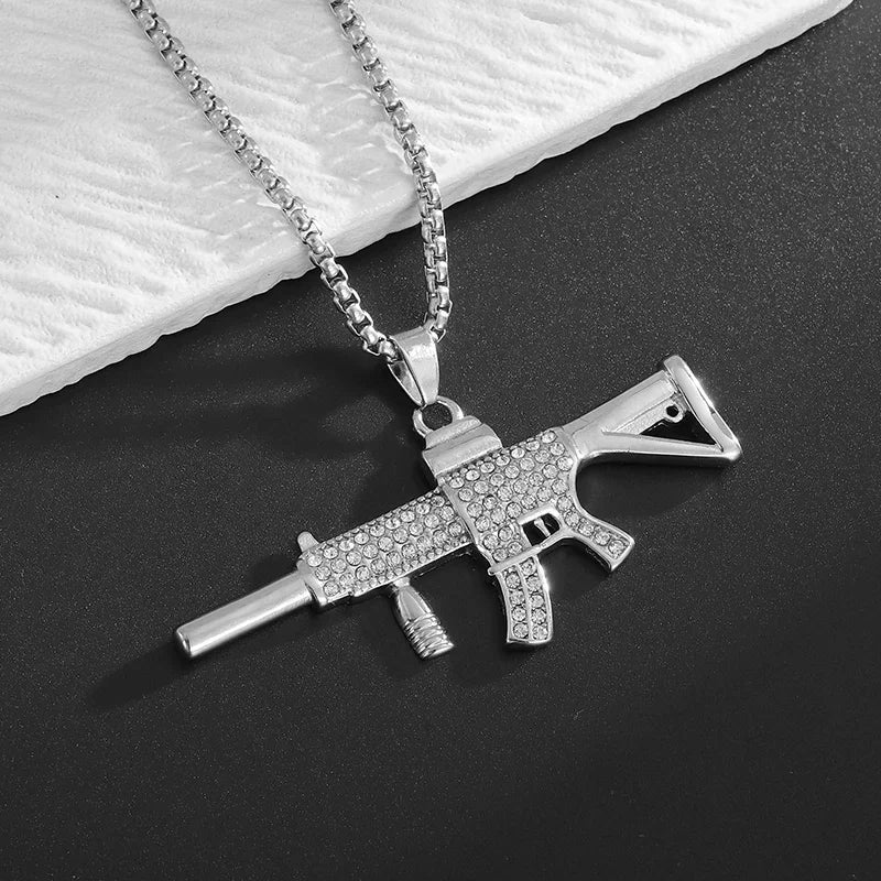 Collar con colgante de circón con incrustaciones de rifle de asalto punk M416 para hombre, estilo hip hop rock, joyería moderna, regalo para niño 