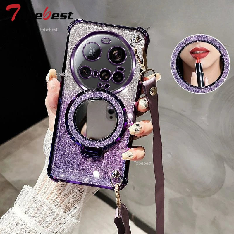 Crossbody Lanyard Shockproof Glitter Plating Magsafe Holder Case For Xiaomi 15 Ultra 14 14T 13 12 Pro Cover