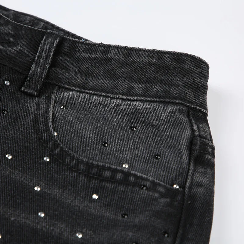 BKQU - Pantalones vaqueros rectos y holgados para mujer, cintura alta, pierna ancha, con diamantes de imitación, largos, moda urbana 2021, pantalones brillantes con diamantes