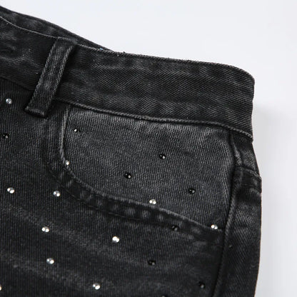 BKQU Straight Baggy Jeans Women High Waist Wide Leg Rhinestones Denim Long Pants 2023 Fashion Streetwear Diamonds Shinny Trouser