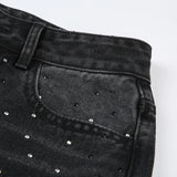 BKQU - Pantalones vaqueros rectos y holgados para mujer, cintura alta, pierna ancha, con diamantes de imitación, largos, moda urbana 2021, pantalones brillantes con diamantes