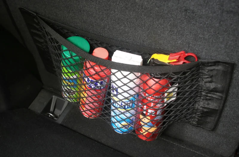 Car Seat Back Organizer Trunk Net Mesh Pocket Elastic String Net Magic Sticker Universal Portable Storage Bag Car Accessories