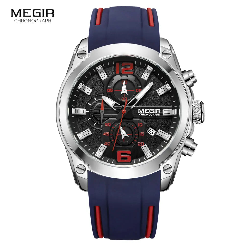 Reloj Megir de cuarzo analógico con cronógrafo para hombre, fecha, manecillas luminosas y correa de silicona resistente al agua.