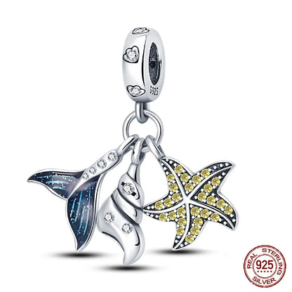 Ocean Series - Original Genuine 925 Sterling Silver Turtle Crab Mermaid Charm Beads Suitable for 3mm Bracelet DIY Making Pendant