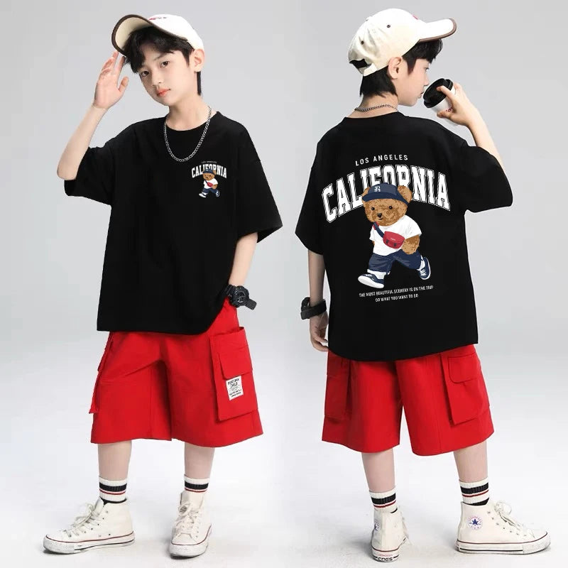 2025 Children's Clothing American Vintage Bear Print Graphic T Shirts Boys Summer Cotton Short-sleeved T-shirt Tops Streetwear