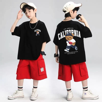 2025 Children's Clothing American Vintage Bear Print Graphic T Shirts Boys Summer Cotton Short-sleeved T-shirt Tops Streetwear