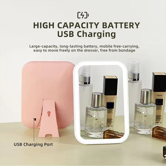 Espejo de maquillaje con pantalla táctil LED, espejo plegable con iluminación, 3 modos de luz de colores, recargable por USB, herramientas de espejo cosmético.