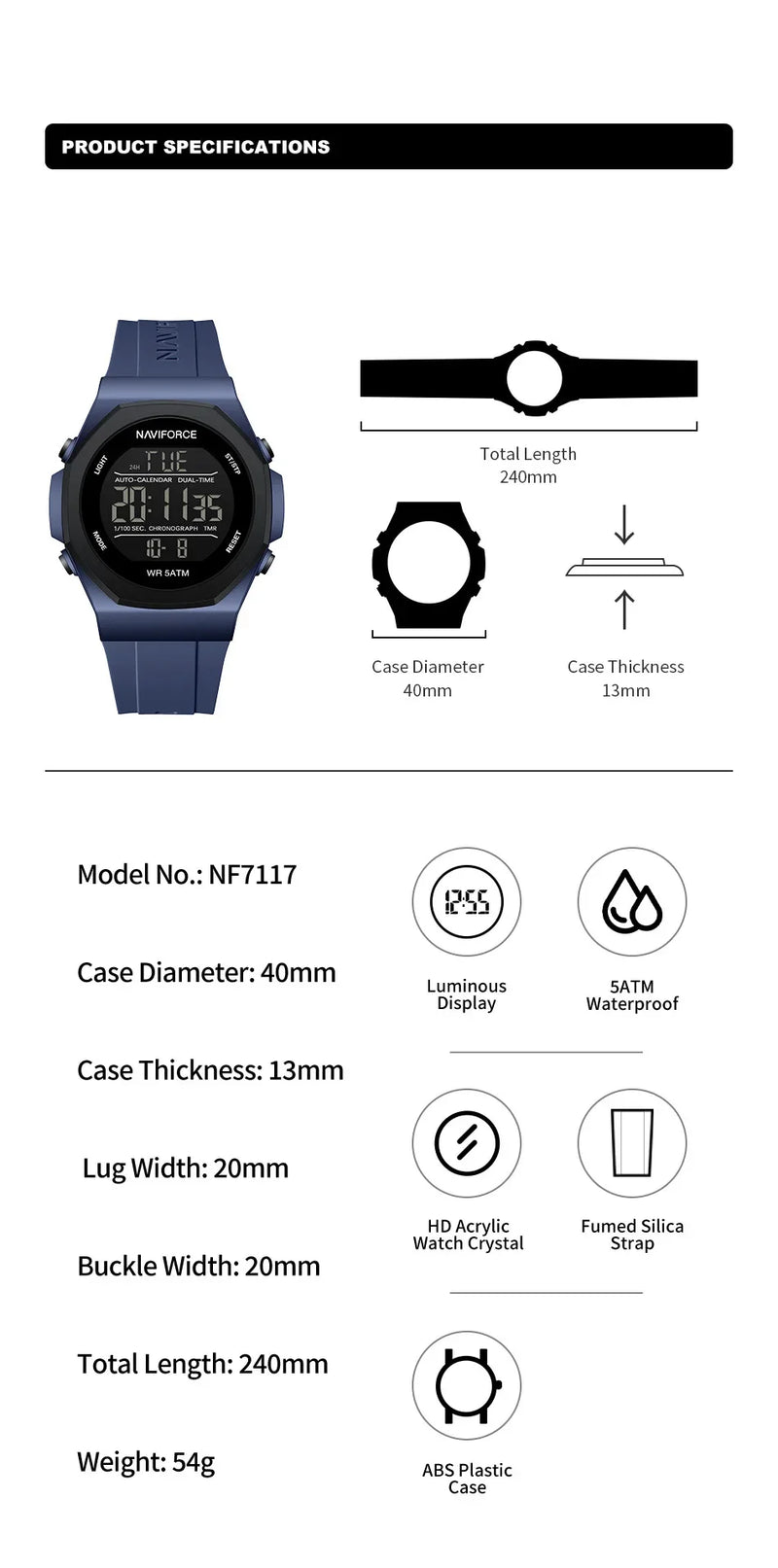NAVIFORCE NF7117 Sports Watch for Men 5ATM Waterproof Multifunction Electronic Watch Men's LCD Digital Wristwatch