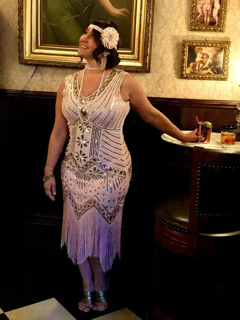 Vestido vintage Mandylandy para mujer, estilo retro de los años 20, estilo Gran Gatsby, con lentejuelas, sin mangas, para fiesta de baile, graduación y dobladillo con borlas.